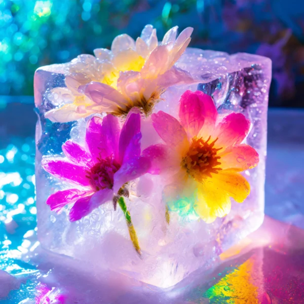 Bunte Blumen in einem leuchtenden Eiswürfel