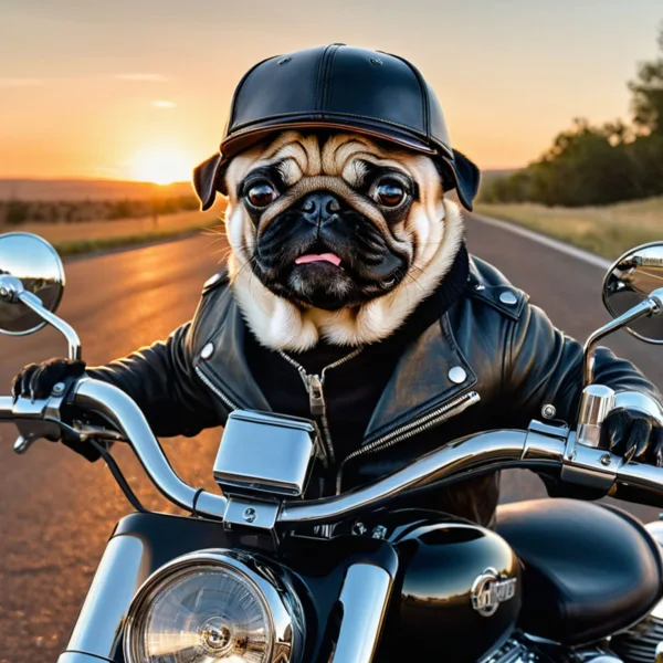 Digitales Motiv eines Mopses mit Helm und Lederjacke auf einem Motorrad