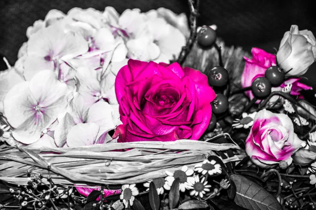 Blumenarrangement mit weißen und leuchtend pinken Rosen